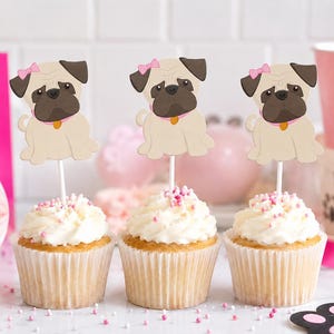 Adornos para cupcakes de carlino, adornos para cupcakes de fiesta de cachorros - Adornos para cupcakes de carlino para niña Adornos para cupcakes de fiesta de cachorros - Adornos para cupcakes de carlino Cumpleaños de carlino imagen 1