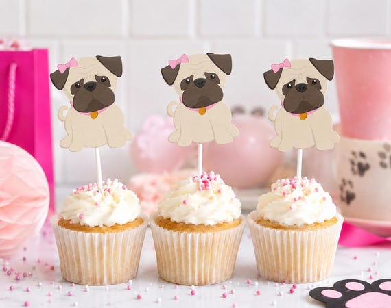 Pug Cupcake Toppers, Puppy Party Cupcake Toppers - Girl Pug Cupcake Toppers Puppy Party Cupcake Toppers - Pug Cupcake Toppers Pug Birthday