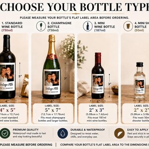 May include: An informational chart titled CHOOSE YOUR BOTTLE TYPE displaying four bottle sizes with custom photo labels. It lists dimensions for standard wine, champagne, mini wine, and mini shooter bottles, including label sizes in inches and centimeters.