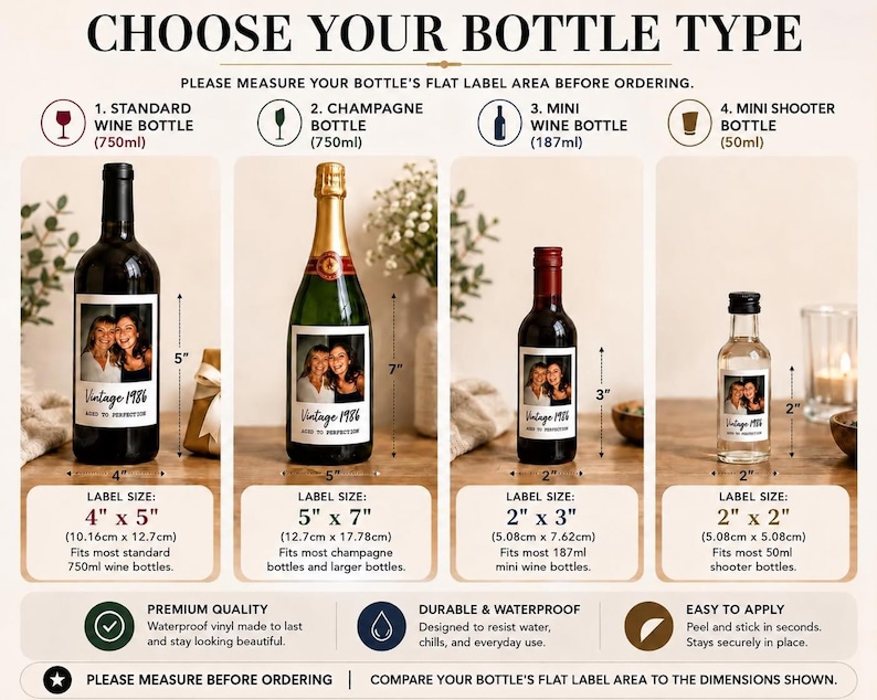 May include: An informational chart titled CHOOSE YOUR BOTTLE TYPE displaying four bottle sizes with custom photo labels. It lists dimensions for standard wine, champagne, mini wine, and mini shooter bottles, including label sizes in inches and centimeters.