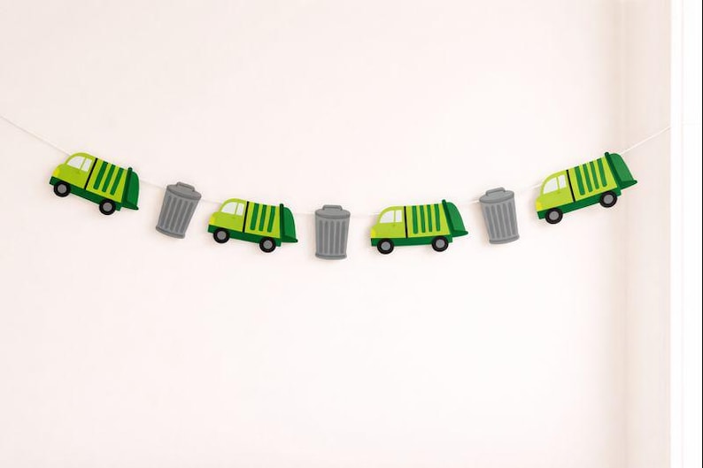 Guirnalda de camión de basura, guirnalda de construcción, pancarta de camión de basura, pancarta de cumpleaños de camión de basura, suministros para fiesta de cumpleaños de basura, reciclaje