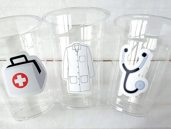 Doctor Themed Party Cups With Straws and Lids, Nurse Plastic Party