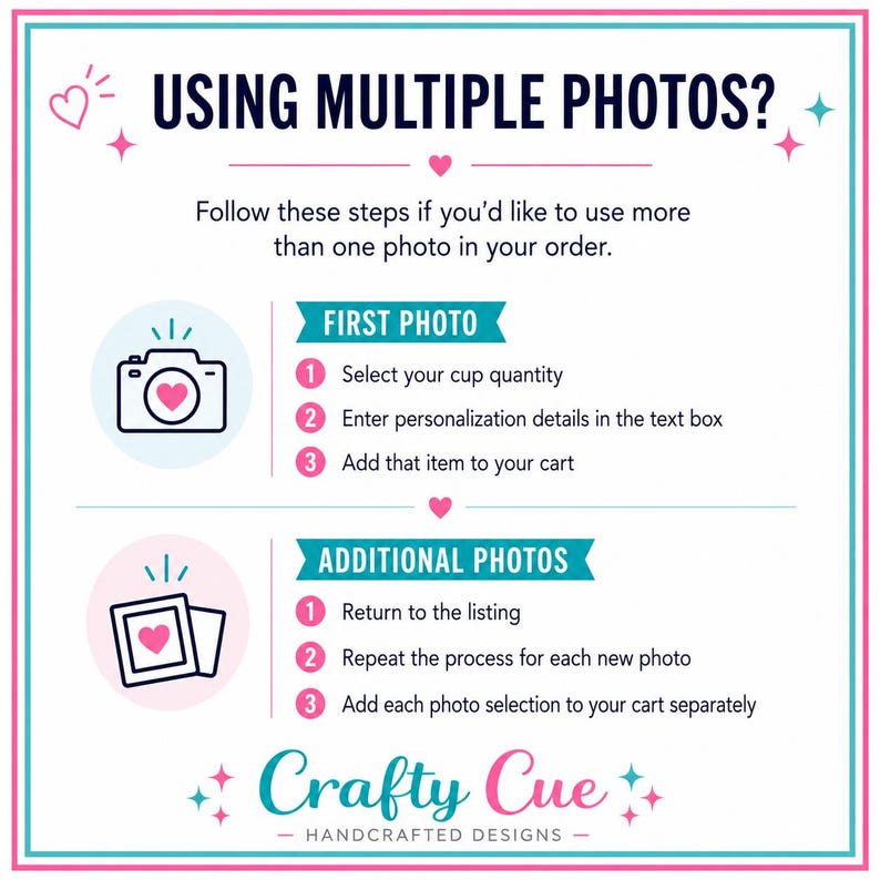 May include: A pink and teal infographic with instructions on how to add multiple photos to an order. The text reads "USING MULTIPLE PHOTOS?" and includes steps for the first and additional photos, with a camera and photo icons. The Crafty Cue logo is at the bottom.