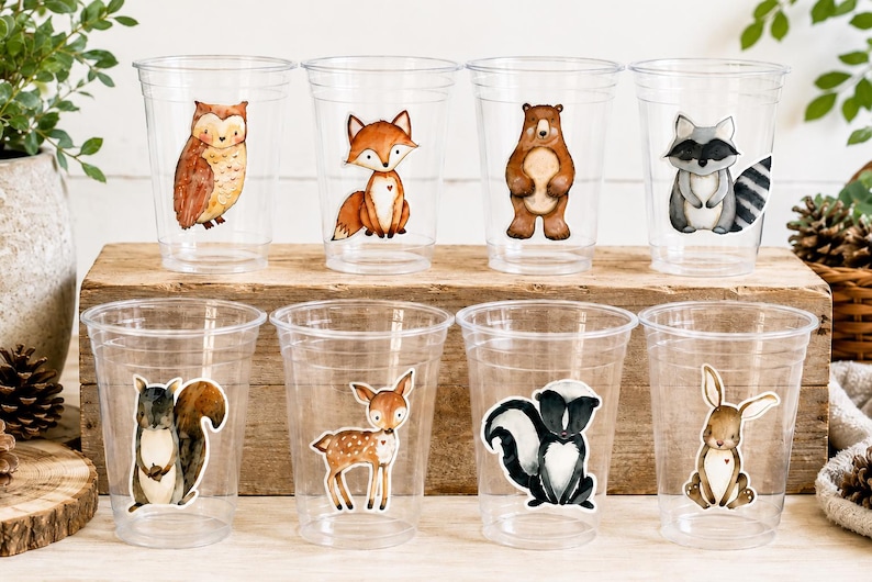 WOODLAND PARTY Cups- Woodland Cups Woodland Animals Woodland Decorations Woodland Birthday Woodland Baby Shower Woodland Birthday Party image 1