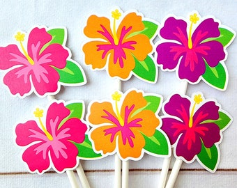 LUAU Cupcake Toppers Hawaiian Cupcake Toppers Hawaii Birthday Tropical Cupcake Toppers Luau Baby Shower Hibiscus Cupcake Toppers Luau Party