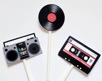 80's Cupcake Toppers - Cassette Tape Cupcake Toppers - Record Cupcake Toppers - Boom Box Cupcake Toppers - 80's Birthday Party 22920927A