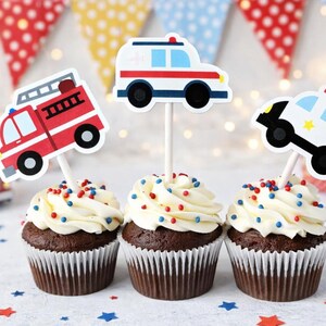 Emergency Vehicles Cupcake Toppers, Firetruck Cupcake Toppers, Ambulance Cupcake Toppers, Police Car Cupcake Toppers image 3
