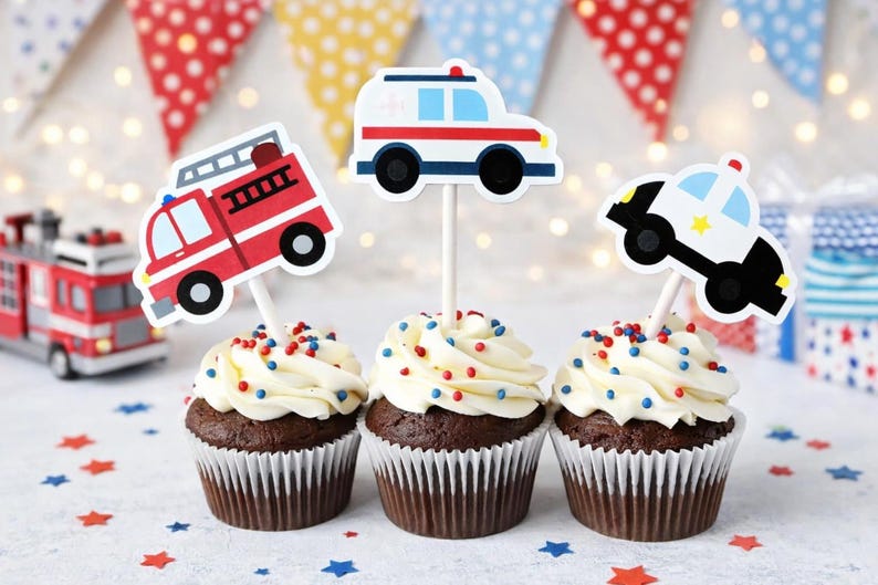 Emergency Vehicles Cupcake Toppers, Firetruck Cupcake Toppers, Ambulance Cupcake Toppers, Police Car Cupcake Toppers image 3