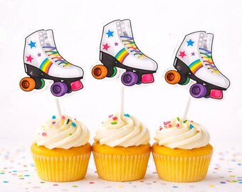 Roller Skate Cupcake Toppers | 80s Party Decorations | Retro Birthday Cupcake Picks | Roller Skating Themed Party Supplies | Roller Skating