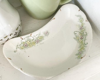 BONE DISH Green Flowers Antique Vintage Ceramic Ironstone Farmhouse Crescent