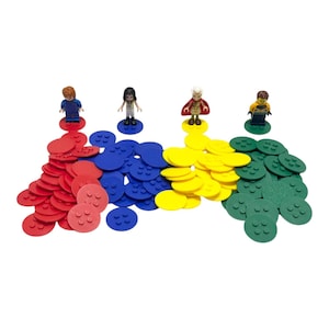 May include: A colorful educational toy set featuring four miniature figures standing on colored circular bases. The bases are red, blue, yellow, and green, with matching piles of discs. The figures have different outfits and hairstyles.
