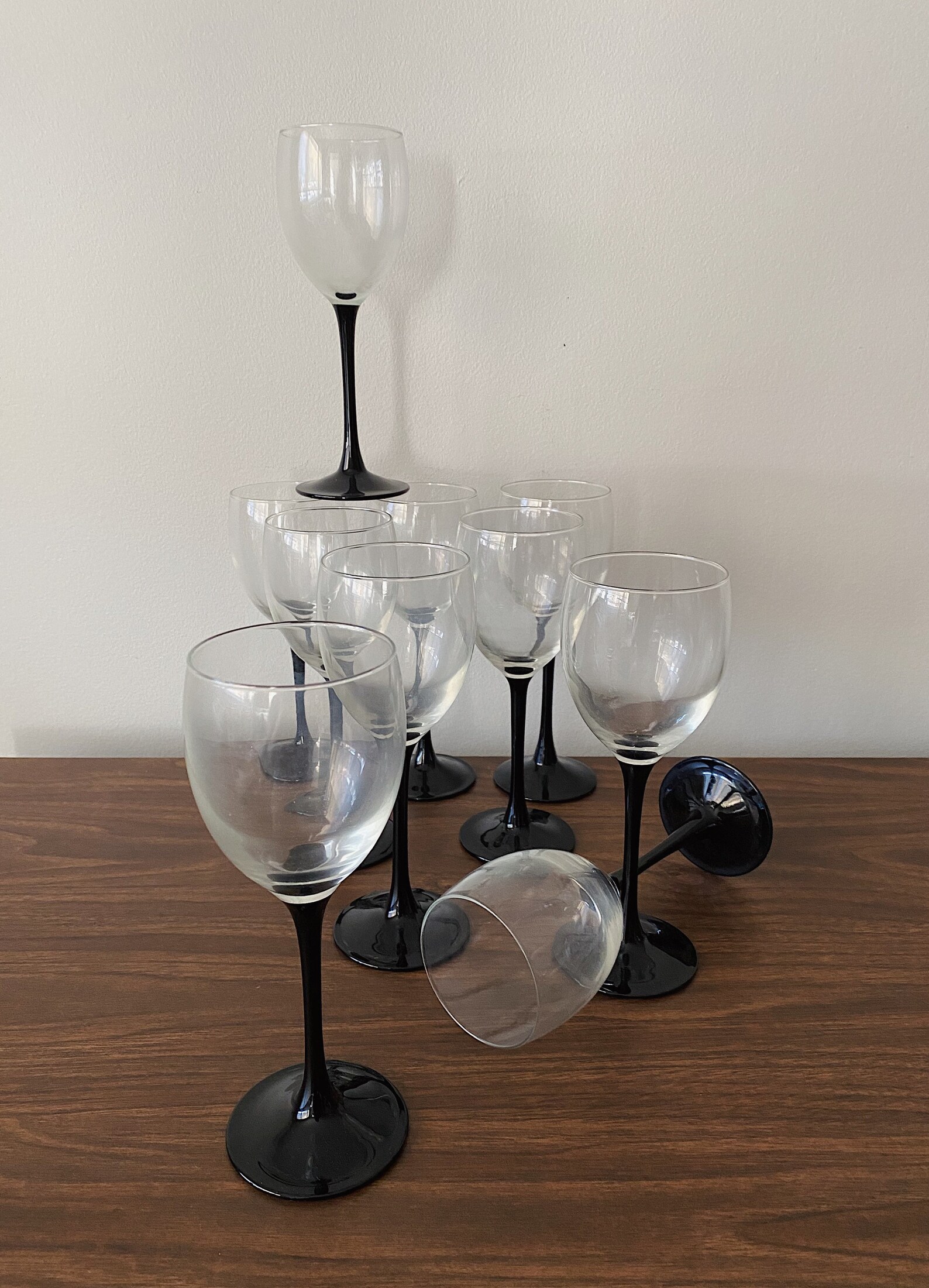 French Vintage White Wine Glasses // Set of Ten 10 Black Stem Etsy