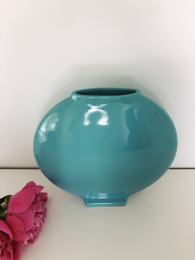 Large Round Turquoise Vase // Vintage Ceramic Blue Vase // Etsy
