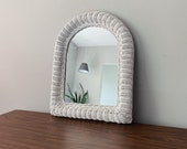 Arched White Rattan Mirror Vintage Boho Home Decor Bamboo Wicker Woven Wall Mirror