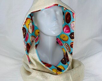 Fire Spinning Hood * Hooded Cowl Scarf - fire retardant shiny gold; teal colorful pop art donuts