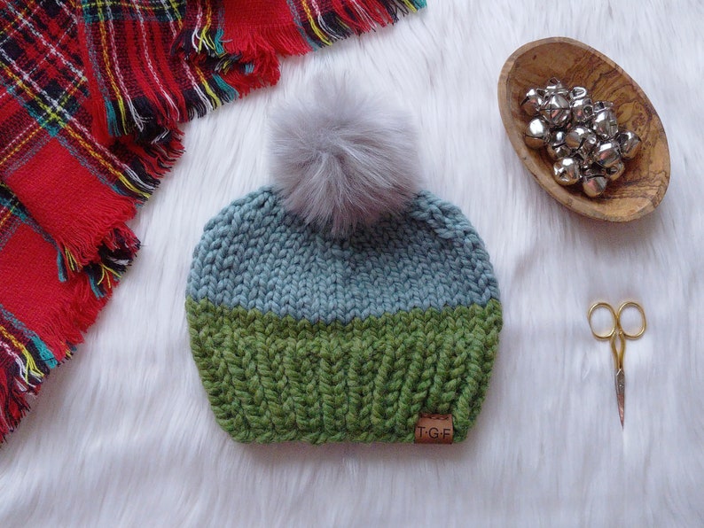 Toddler Hat Chunky Knit Pompom Beanie Blue Green Chunky Hat Faux Fur Pompom Wool Winter Hat Toque Child Hats for Kids