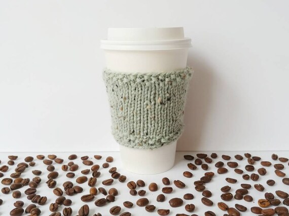 Knit Coffee Cup Cozy Sleeve To Go Cup Wool Acrylic Teacher Neighbor Friend Family Hostess Gift Stocking Stuffer Colorway Mint Tweed