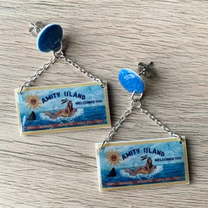 Shark Horror Film Welcome Sign Stud Dangle Earrings