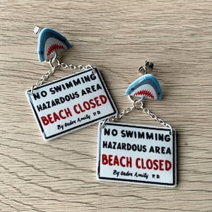 Shark Horror Film &quot;Beach Closed&quot; Stud Dangle Earrings