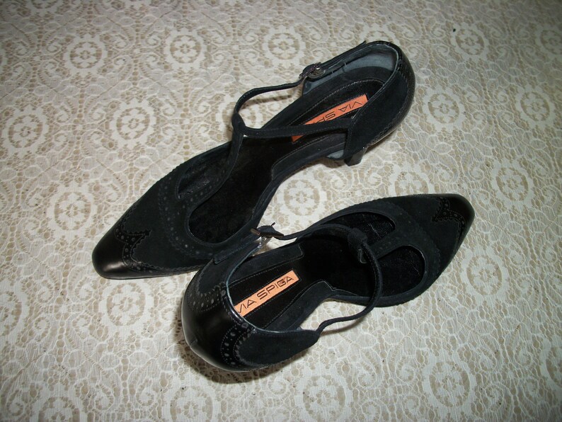 Vintage 1990s Italy Via Spiga Black w Some Suede STEAMPUNK MARYJANES In High HEELS 8 /& 12 M