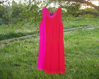 BARBIECORE 90S HOTPINK Orange Pleated Chiffon Dress, Semi Blousey Top, Soft Elastic Waist, agb, 14