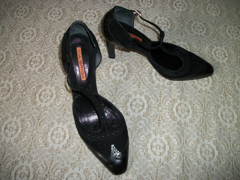 Vintage 1990s Italy Via Spiga Black w Some Suede STEAMPUNK MARYJANES In High HEELS 8 /& 12 M
