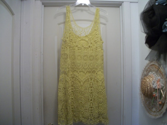 Retro 90s Lovely LEMON YELLOW CROCHET Sheathe Dress, w Soft Knit Underdress, Lg