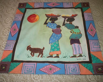 Retro 80s 90s Does AFRICAN WOMEN ART w Babys, A Goat & the Sun, Paint Beads and Metal on Thick Clothe Hanging