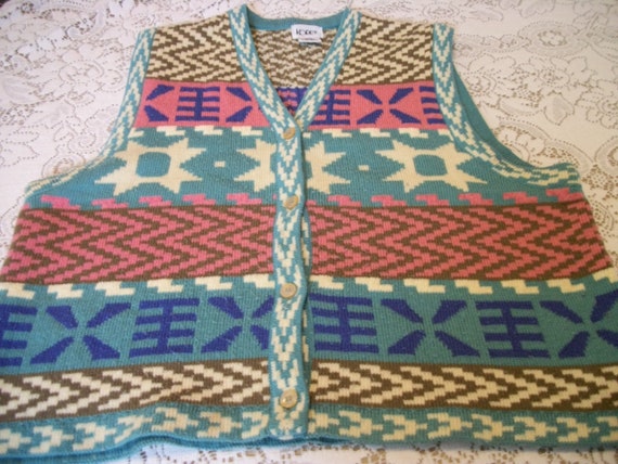 Retro 80s 90s Koret 2 X ANCIENT Motifs BOHO VEST, Pretty Colors, Lots of Wear, Acrylic