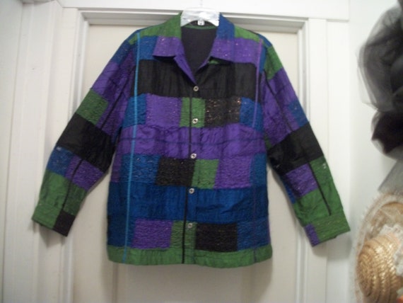 Vintage 80s  90S COLORBLOCK PATCHWORK SHINEY w Me… - image 3