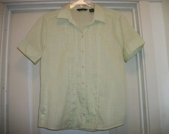 Retro 90s Eddie Bauer STEAMPUNK EDWARDIAN LOLITA Lime Sherbert Cotton Short Sleeved W Ruffles Blouse M