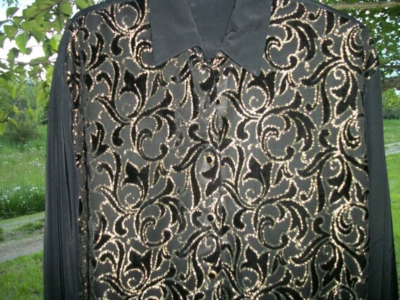 Vintage 80s PRETTY Black SATINY w Silvery Goldish… - image 4