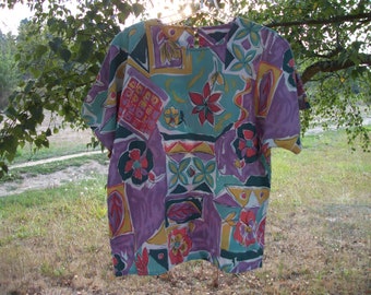 Retro 80s 90s Modern ART TROPICAL Semi Textured Short Sleeved BLOUSE, 10