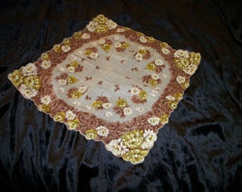 Retro VINTAGE Lovely Browns Creams Whites & Yellows 1950s FLORALS HANKIE