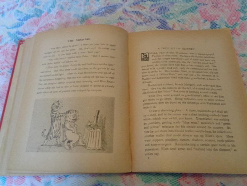 May include: An open vintage book with red binding, featuring printed text and a black and white illustration of two cats. The pages are aged with a warm, yellowed tone, suggesting the book's age. The text includes the title "The Surprise."