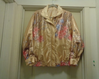 1980S Golden Peach FLORALS BOMBER Shiney Reversable JACKET X L