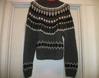 Retro 80s Does NORWEGIAN Style SKI BUM Wooly Sweater, Grey w White & Black Designs, By Moda Intl, S