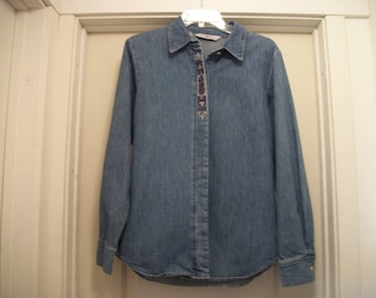 Retro 90s Does DENIM WESTERN SHIRT W Embroidery, Bar None, M