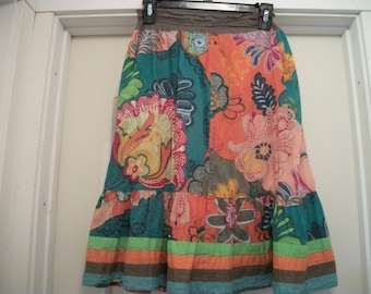 Retro 80s 90s Does O' Neil BOHO COTTAGECORE Cosplay Ethnic Tropical Bright Flowers Short w Ruffle Cottony Skirt, extra Small