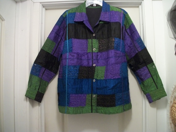 Vintage 80s  90S COLORBLOCK PATCHWORK SHINEY w Me… - image 1