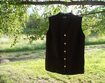 Retro 80s 90s Does The 70s Leasure CHOCOLATE Brown Synthetic KNIT Long VEST,  w Gold Buttons, Large