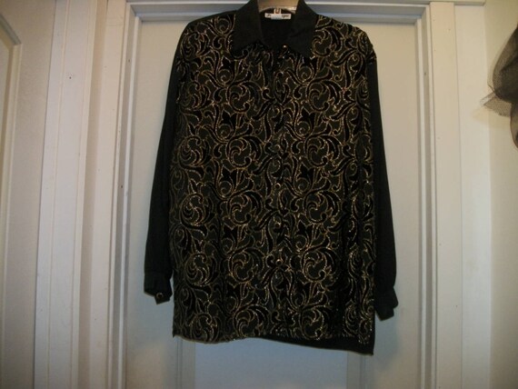 Vintage 80s PRETTY Black SATINY w Silvery Goldish… - image 3