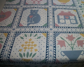 Vintage Quilting Fabric, CATS DUCK FLOWERS Material, Quilt, Sew, Design, 45 Inches Across, 106 Inches Long