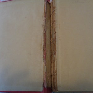 May include: Open view of an antique book with aged, cream-colored pages. The binding is visible, showing the spine's construction with visible threads and a red border. The text "Delores Long" is handwritten in the upper right corner.