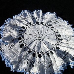 PRETTY in 40s 50s Hand Crocheted Round RUFFLES DOILY, Blue Trim on Edges, Cotton, As-Is, Make Something Beautiful