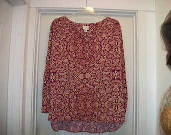 Retro 90s St. Johns Bay BOHO Burgandy w Flowers HIPPIE Rayon BLOUSE, 2X.