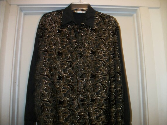 Vintage 80s PRETTY Black SATINY w Silvery Goldish… - image 2