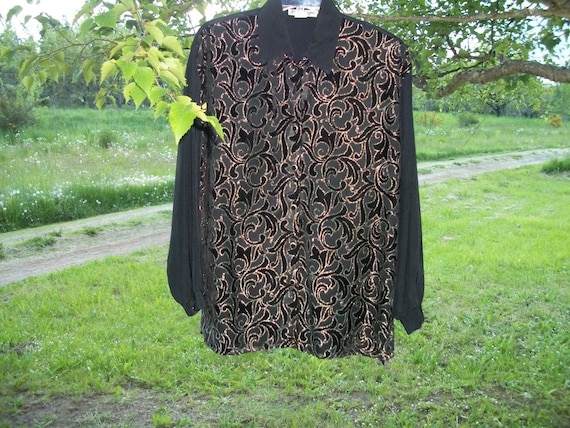 Vintage 80s PRETTY Black SATINY w Silvery Goldish… - image 1