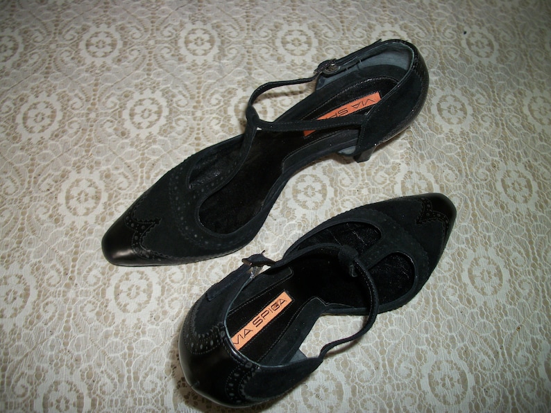 Vintage 1990s Italy Via Spiga Black w Some Suede STEAMPUNK MARYJANES In High HEELS 8 /& 12 M