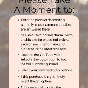 May include: A light-colored ceramic wind chime featuring a small blue bird topper and the text Earthwind Bells. Below, a light pink informational card lists instructions for reading product descriptions, selecting colors, and managing gift orders.